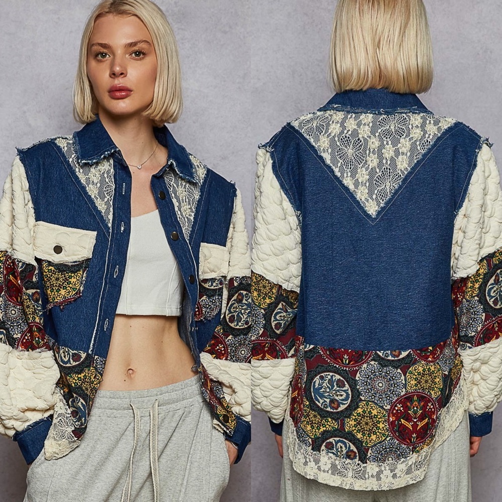 NEW POL Denim Blue Balloon Sleeve Patchwork Jacket Boho Lace Back Size Medium